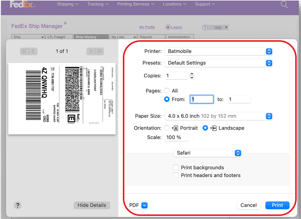 Printing 8.5”x 11” FedEx Sheets onto 4”x 6” Labels (Google Chrome