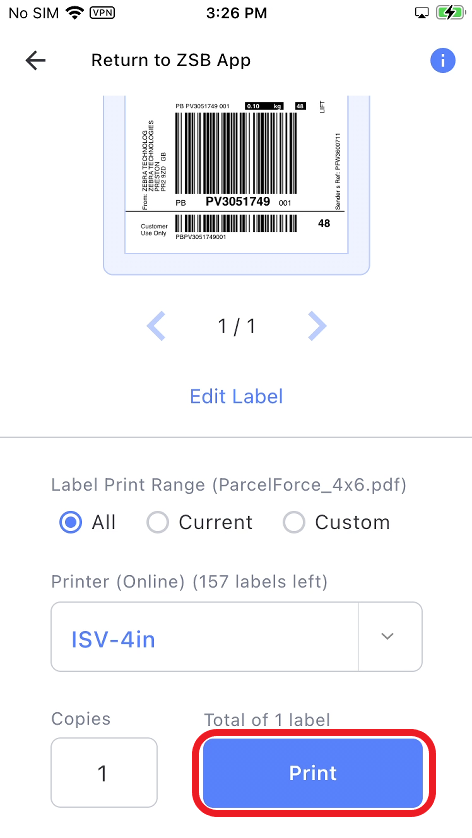 Print a Parcelforce Shipping Label on a Mobile Device