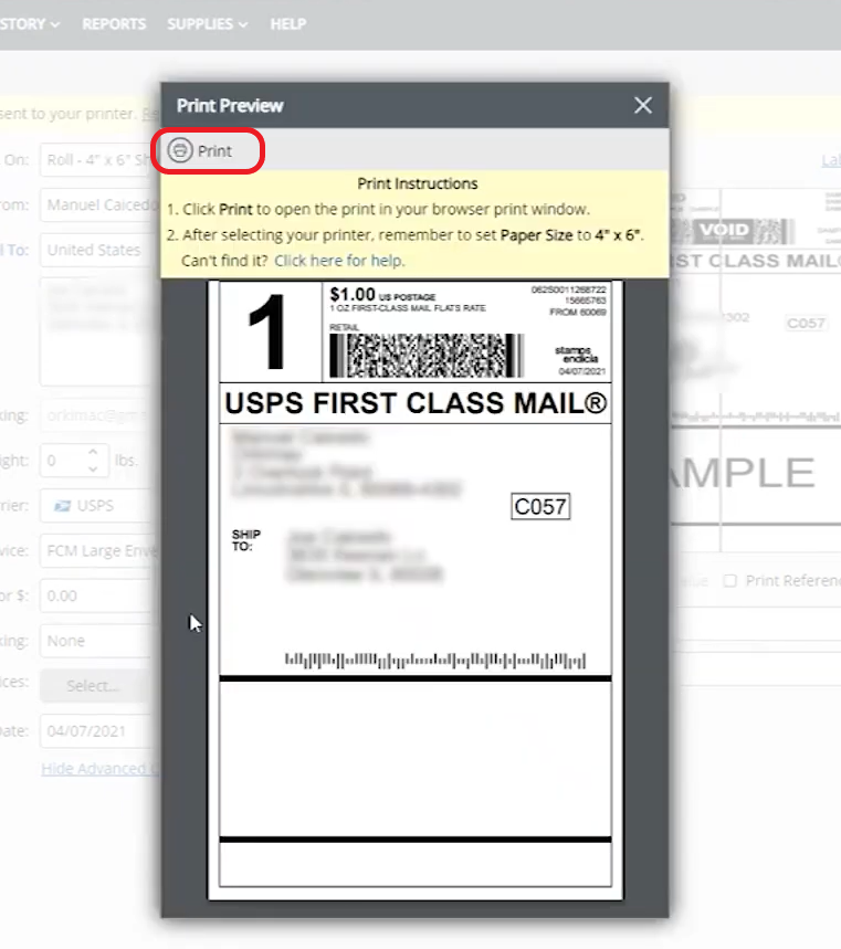 Print a Shipping Label from Stamps.com