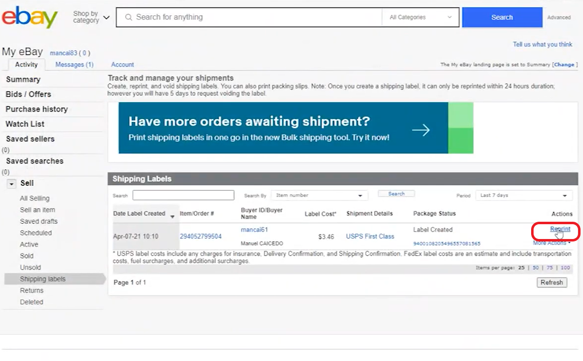 Ebay print deals shipping label