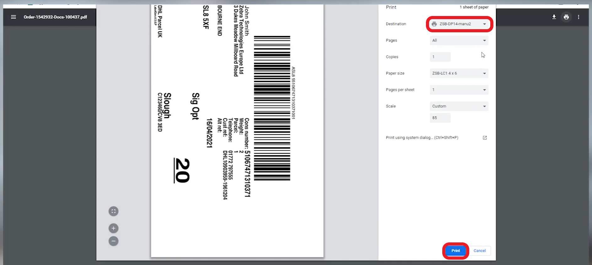 Print a Shipping Label from DHL