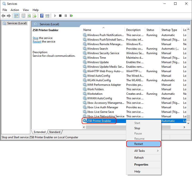 Restarting the ZSB Printer Driver Service